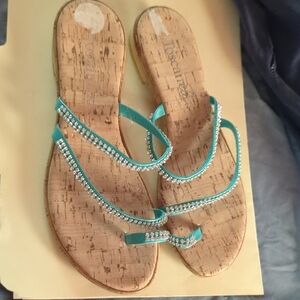 Toscanella Turquoise Sandals with Sparkling Rhinestones Cork Italy 6